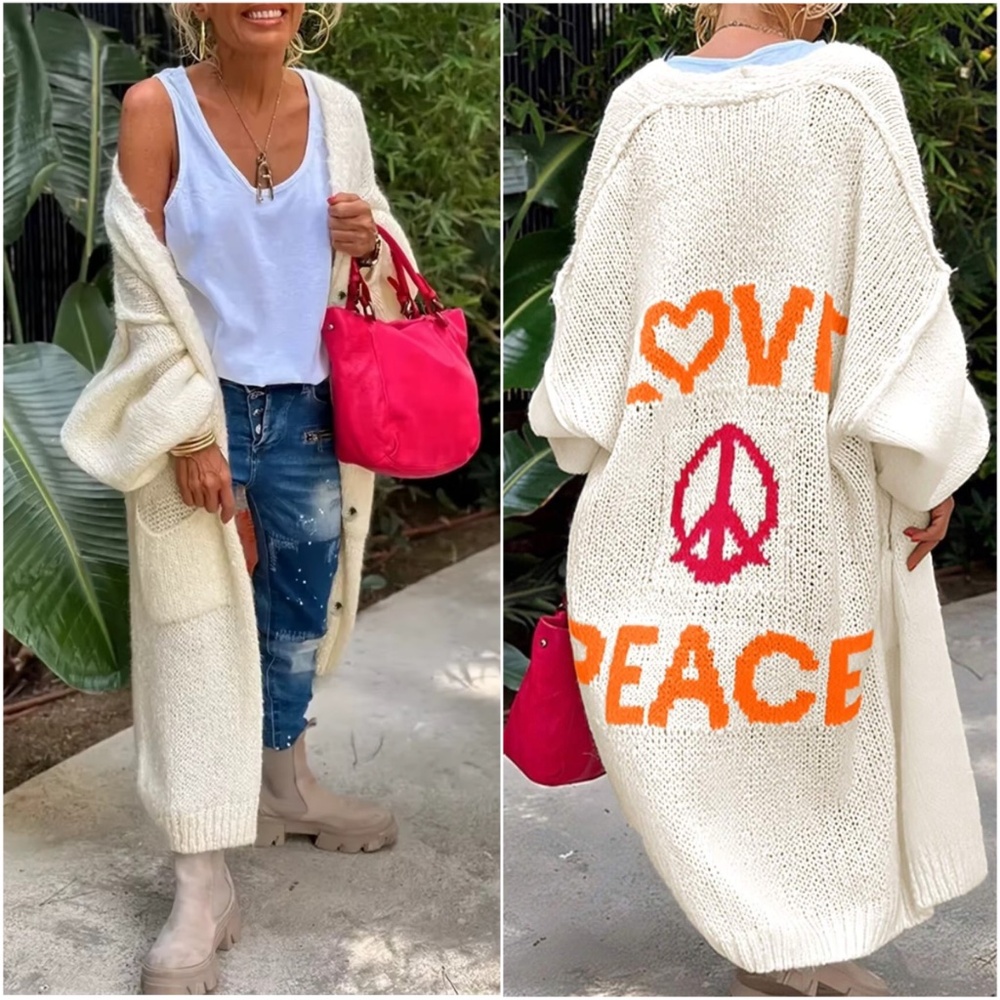 Cozy Love Peach Sign Reverse Stitch Oversized open Front Cardigan